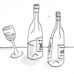 Wine bottles and glass (pen & ink)